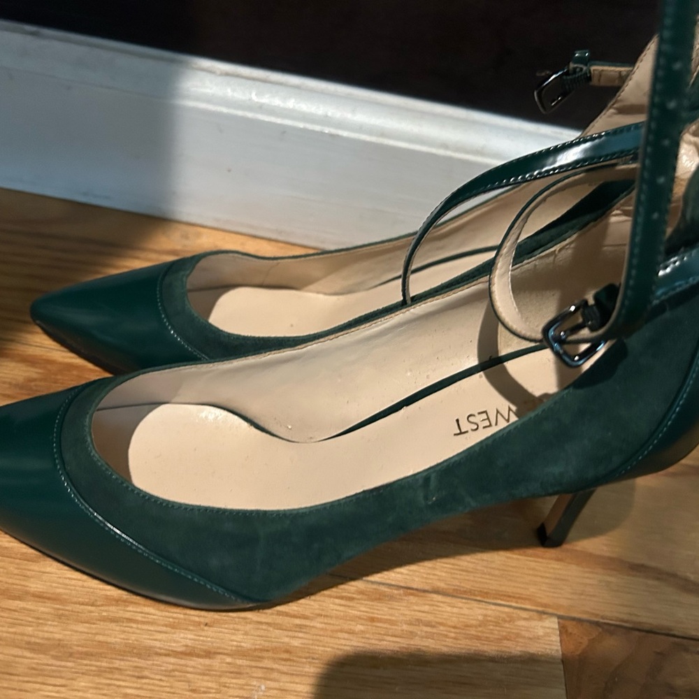 Nine West Dark Green Pointed-Toe Ankle-Strap Heels